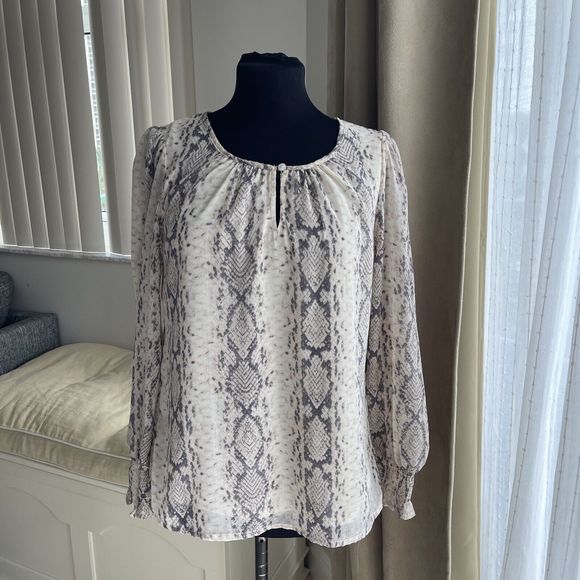 Japna Gray Snake Skin Print Long Sleeve Smocked Blouse M - Picture 1 of 7